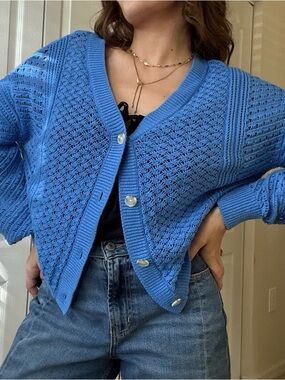 Sonoma Sky Blue Open-Knit Cardigan with Pearl Buttons